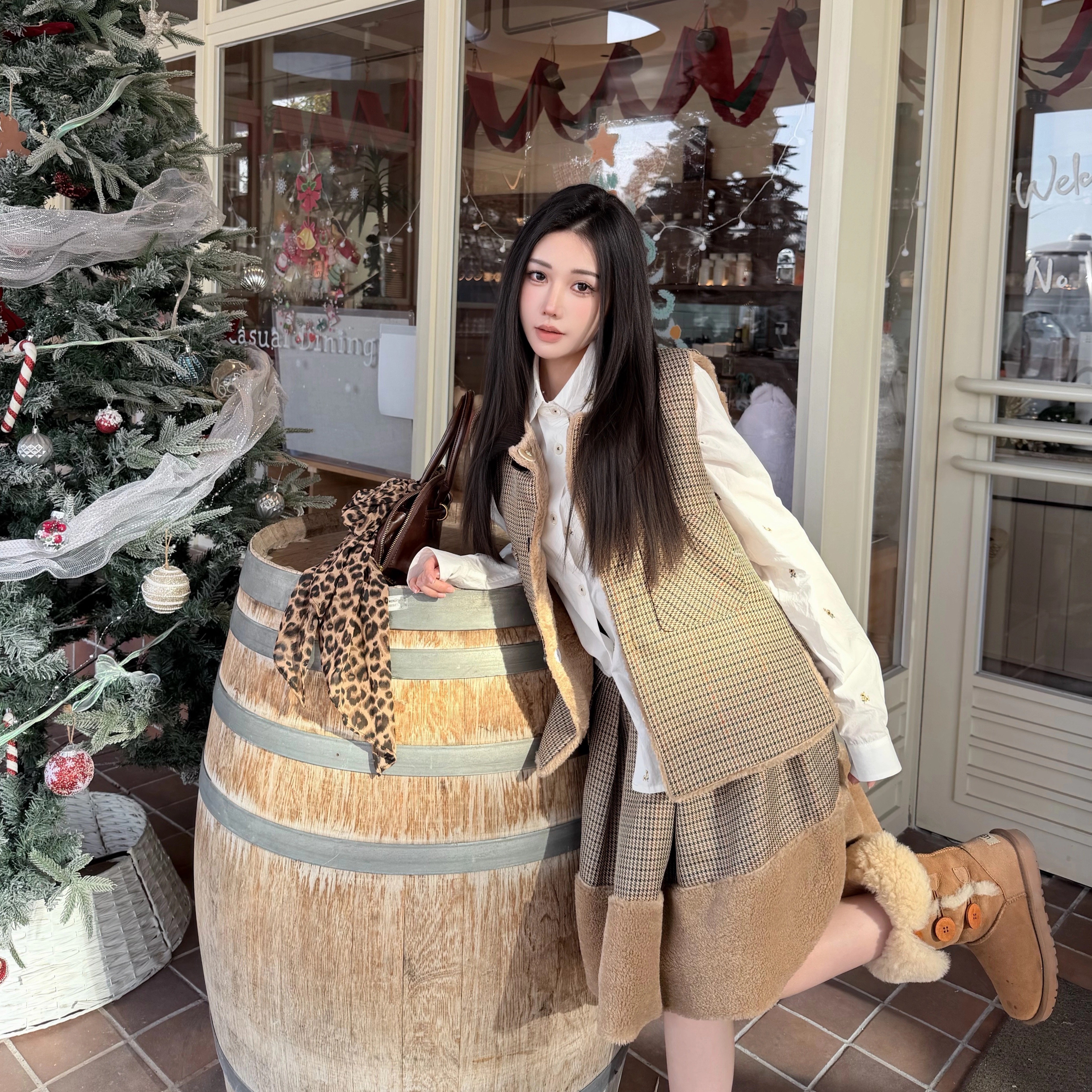 Narcos25秋冬新款正反两穿翻领格纹毛绒绒双面设计感叠穿马甲背心