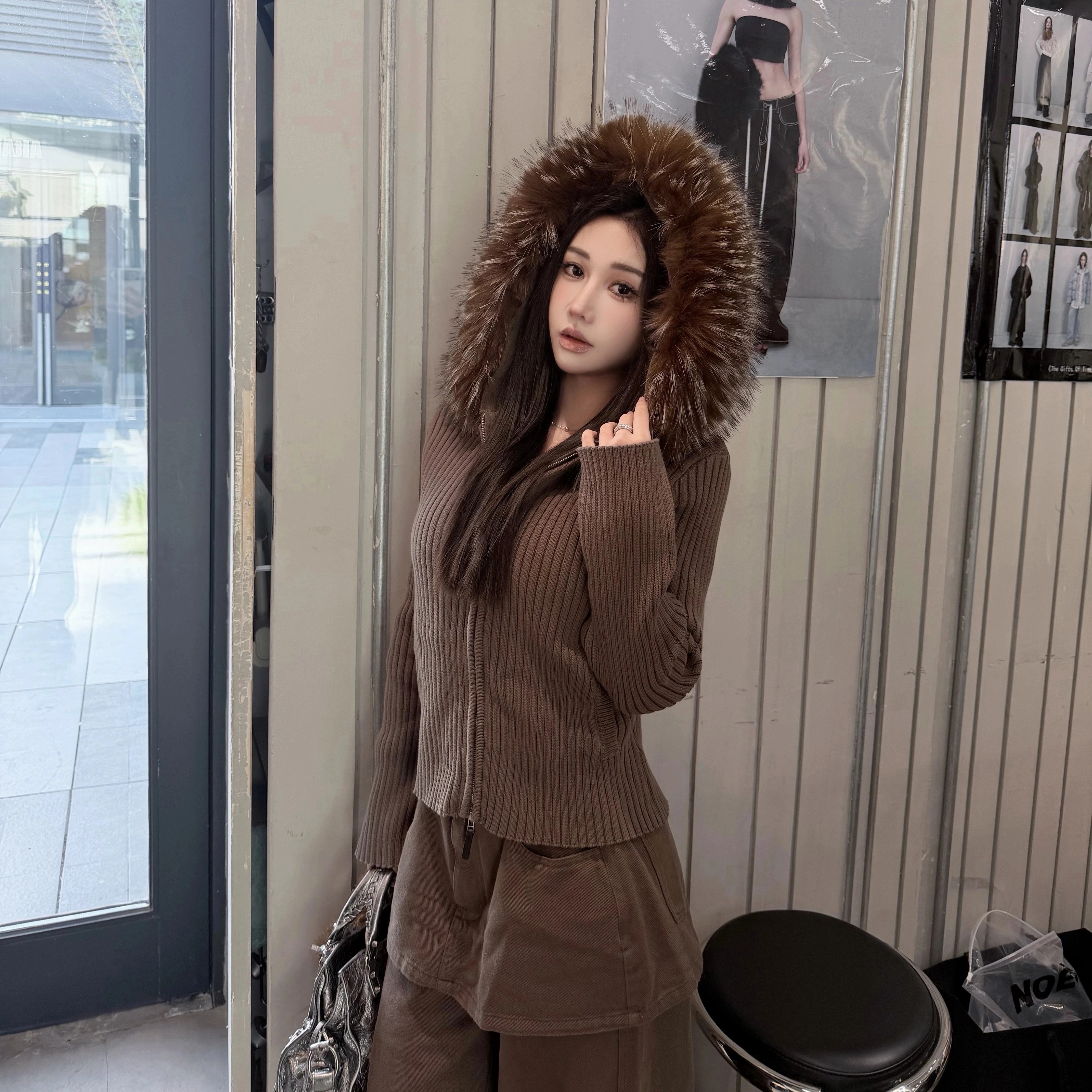 Narcos 小众设计拉链连帽大毛领针织开衫女秋冬新款修身显瘦上衣