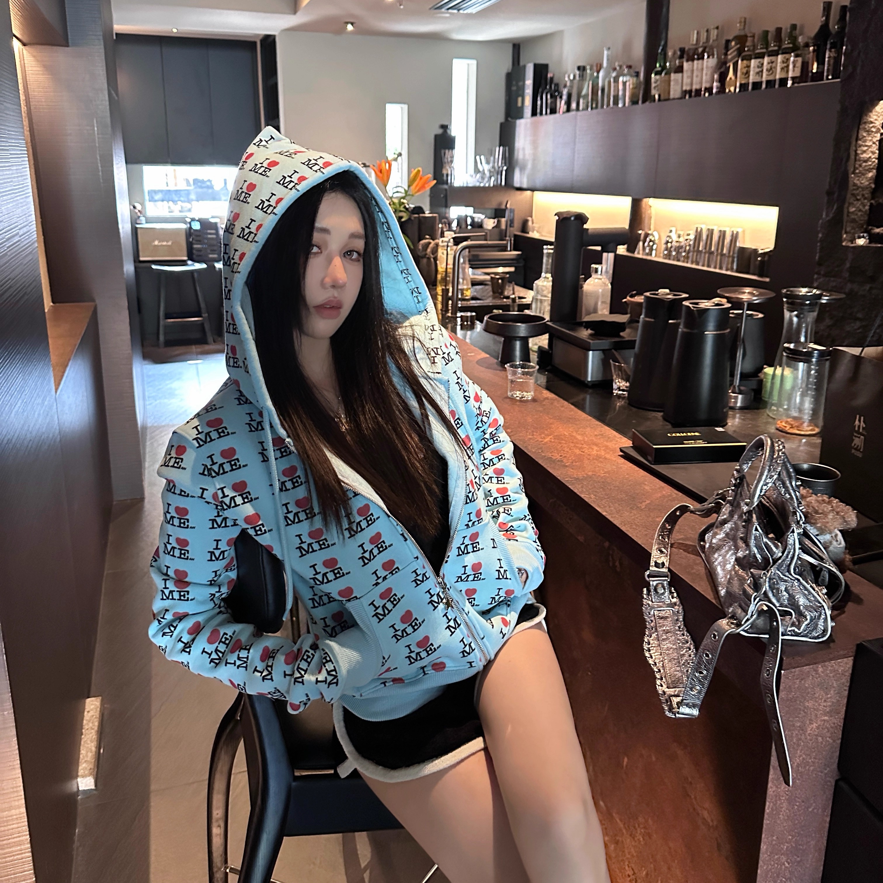 顶版NarcosAshley美式字母印花拉链连帽卫衣辣妹修身显瘦短款外套