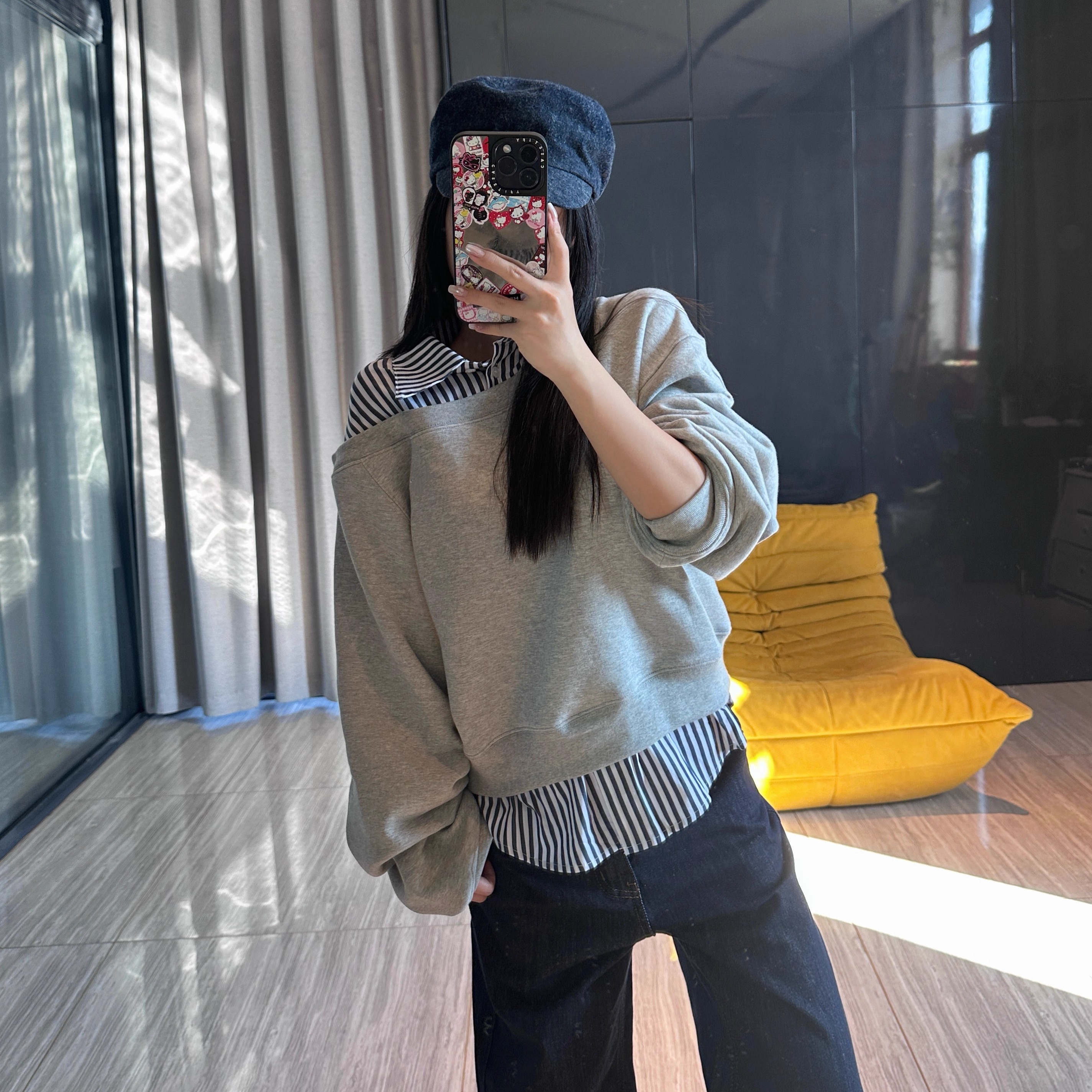 Narcos25秋新款 小众设计条纹衬衫拼接假两件卫衣女宽松百搭上衣