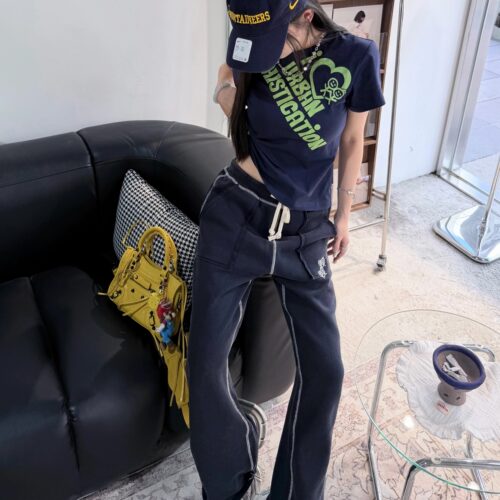 Narcos 小众设计贴布刺绣火柴人儿微喇抽绳运动裤女宽松休闲长裤