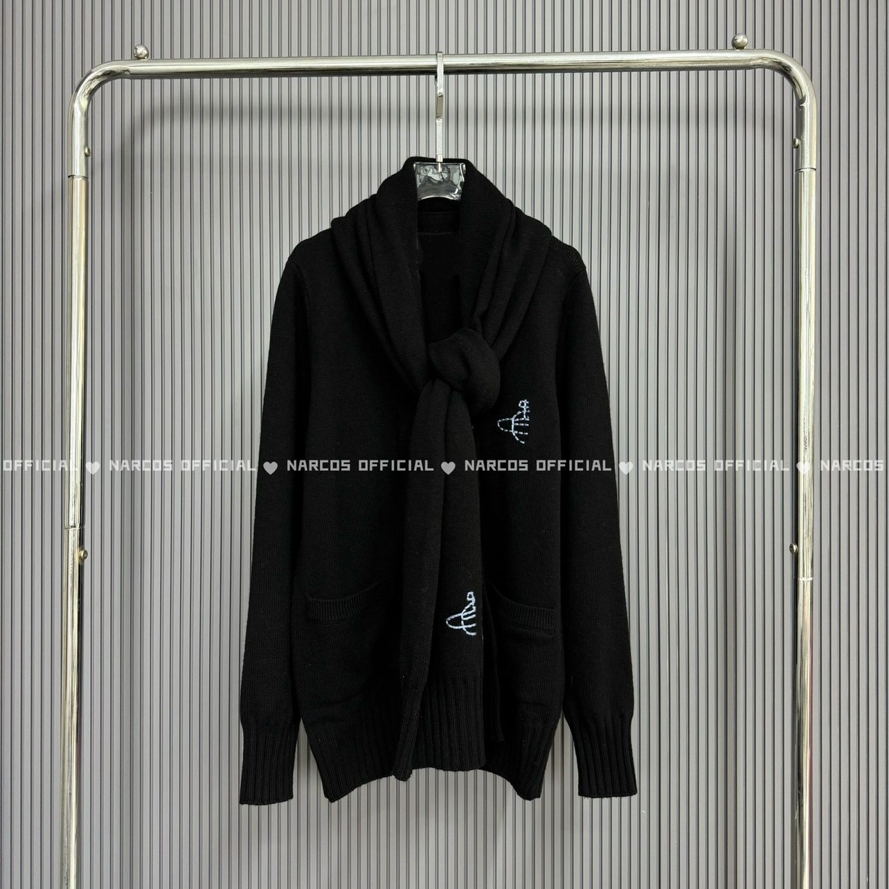 Narcos 土星刺绣V领围巾针织开衫女宽松慵懒风毛衣外套25秋冬新款
