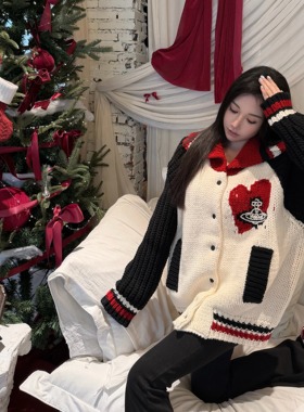 Narcos 土星圣诞风拼色爱心翻领针织开衫女冬季新款宽松毛衣外套