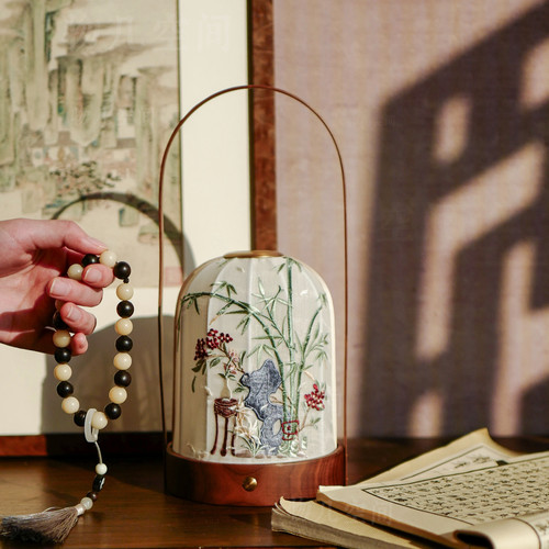 物几空间原创苏绣宋代美学《园中景梦竹》茶席书房黑胡桃木手提灯