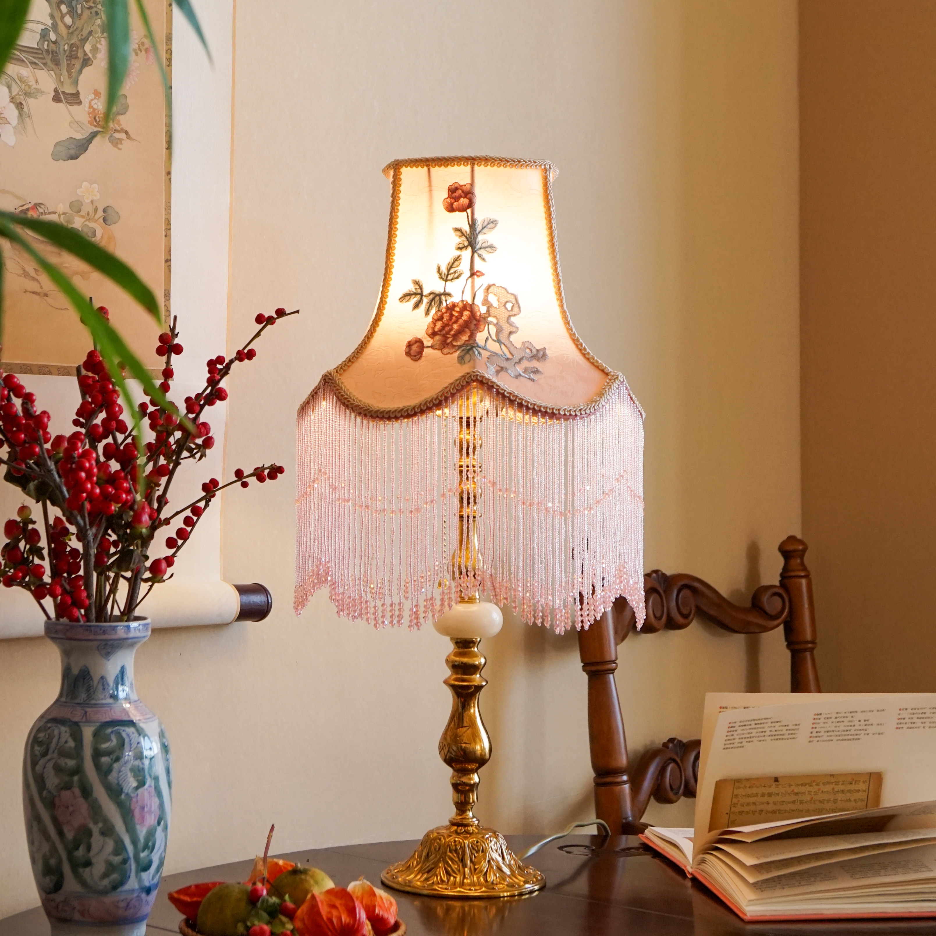 物几原创 新中式牡丹游园法式中国风黄铜中古vintage少女床头台灯