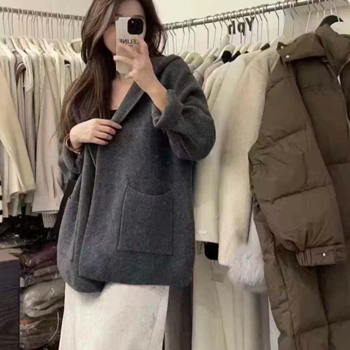 春秋冬女上衣高级感中长款连帽毛衣开衫外套气质百搭宽松无扣慵懒