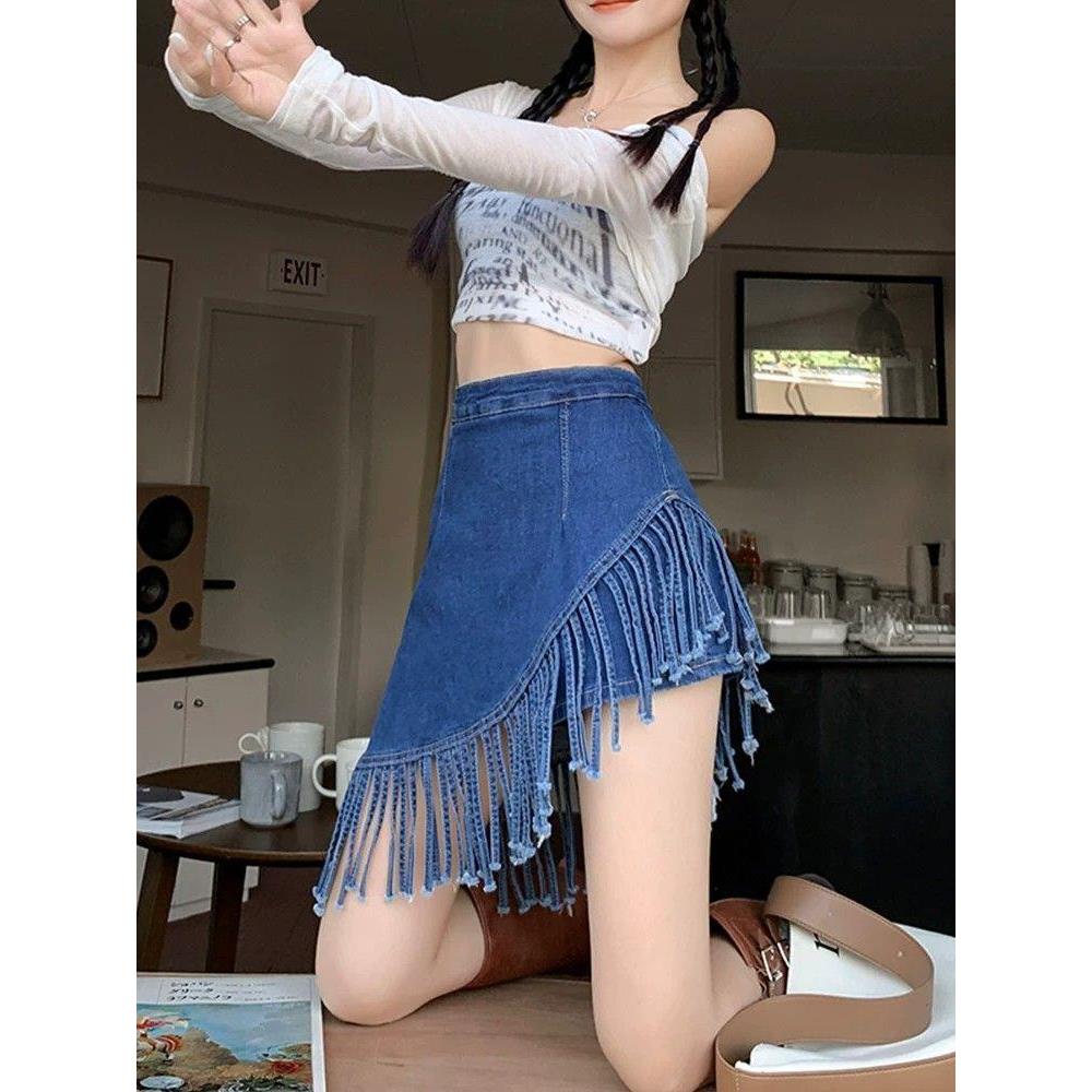 蓝色高腰牛仔半身裙女2026夏季新款流苏裙摆设计不规则包臀短裙
