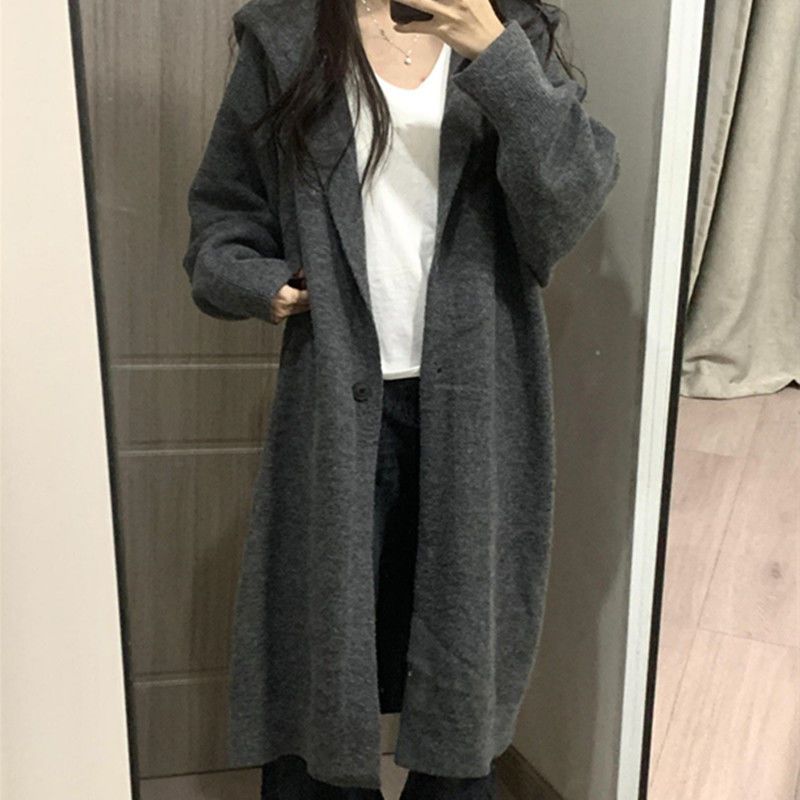 慵懒风灰色连帽长款过膝毛衣外套女秋冬宽松显瘦加厚针织开衫大衣
