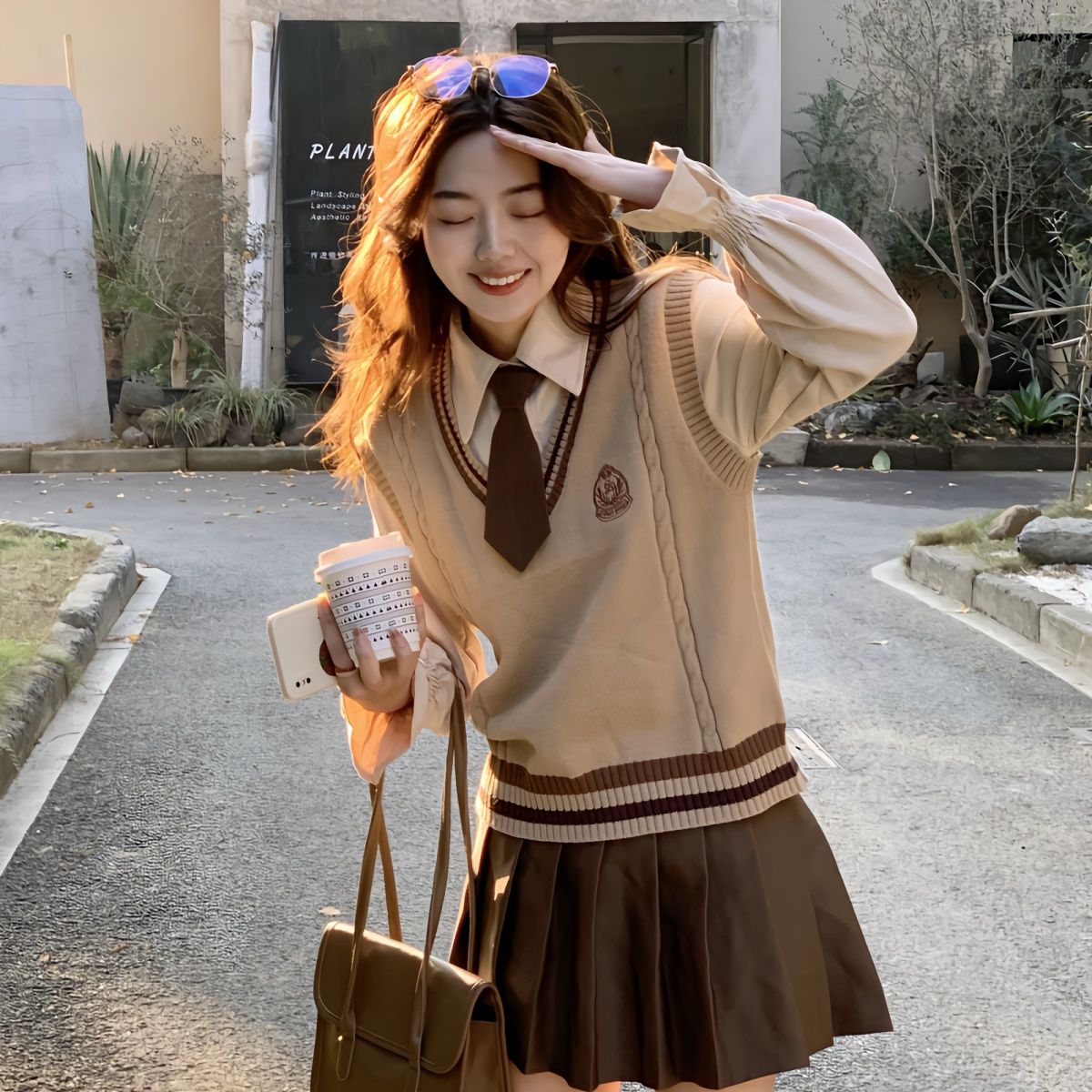 胖MM200斤特大码套装学院风毛衣马甲针织背心衬衫百褶裙套装女