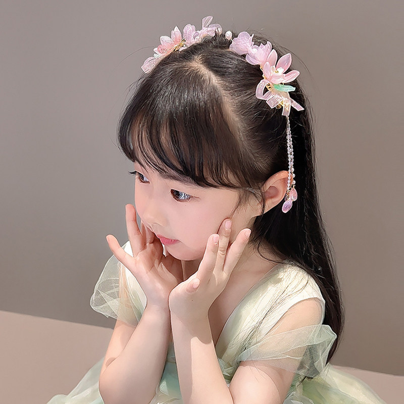 汉服春季头饰女儿童古风花朵超仙发夹女童发饰流苏小女孩发卡头花