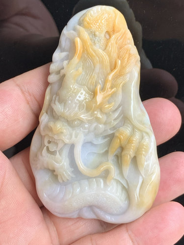 包真正品天然缅甸翡翠A货黄翡精品大龙牌吊坠手把件两用款