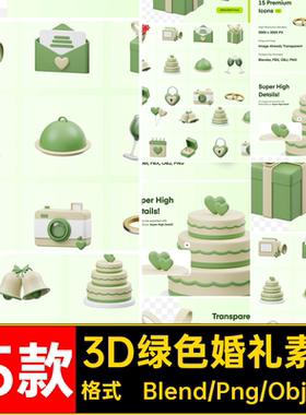 15款3D立体卡通绿色婚礼鲜花蛋糕礼物砖戒Blend模板Png免扣素材