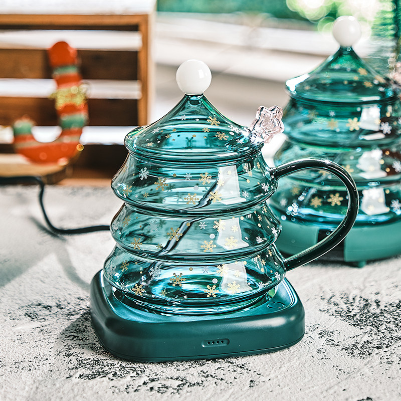 55度圣诞树暖暖杯恒温玻璃马克杯可爱带盖勺办公室用保温喝水杯子,餐饮具,马克杯,淘宝优惠券,粉丝福利购,淘宝优惠卷