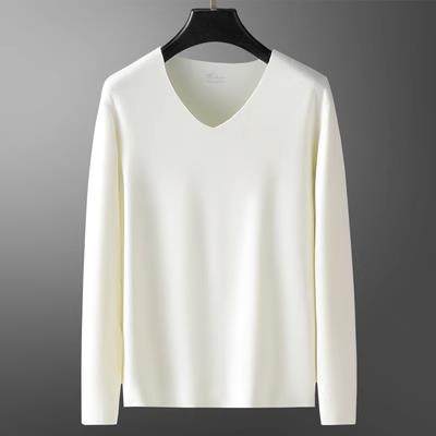 羽毛蛋白德绒保暖内衣男士冬季加绒秋衣V领长袖T恤无痕白色打底衫