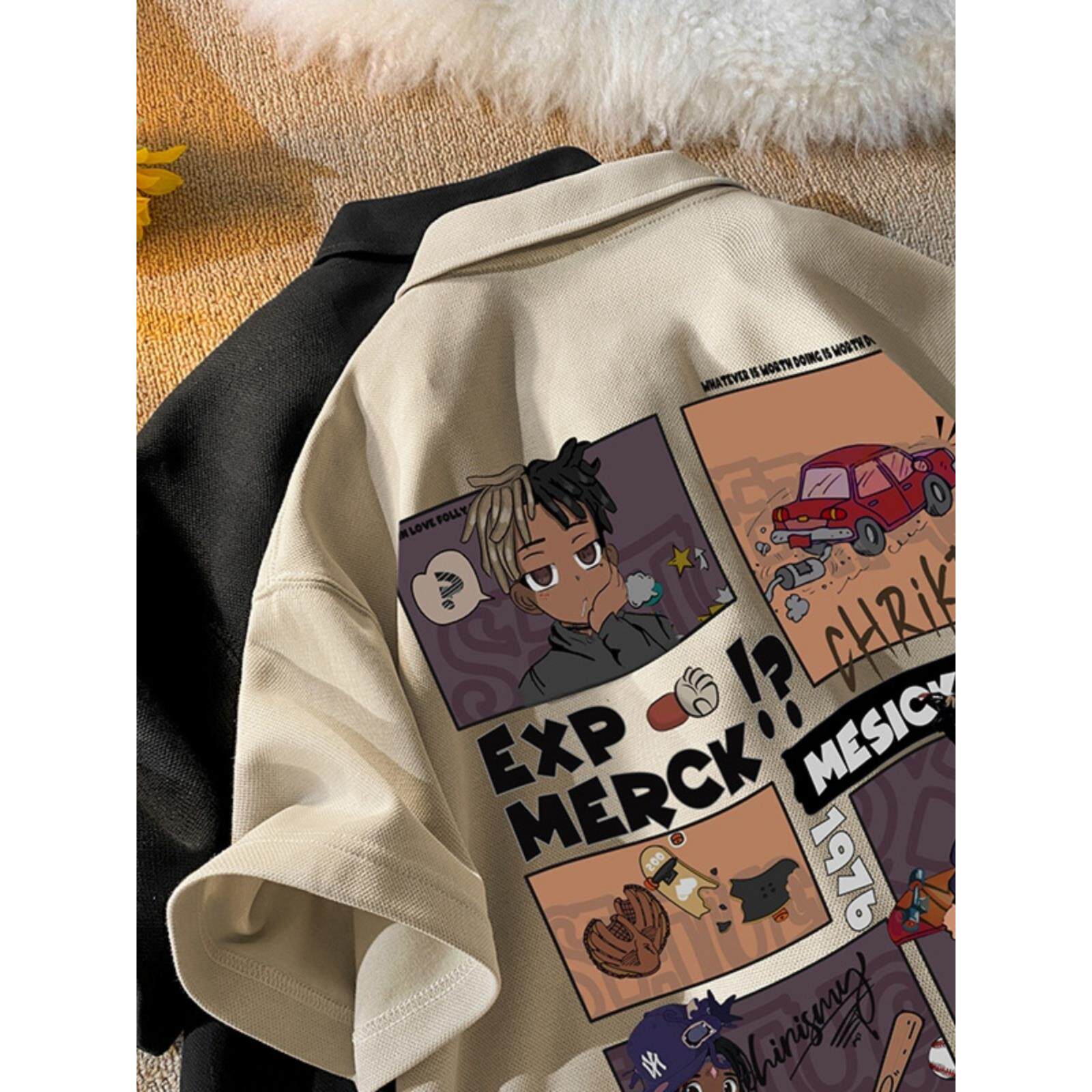 美式卡通Polo衫男短袖夏季300g重磅时尚潮牌韩版小众t恤翻领上衣