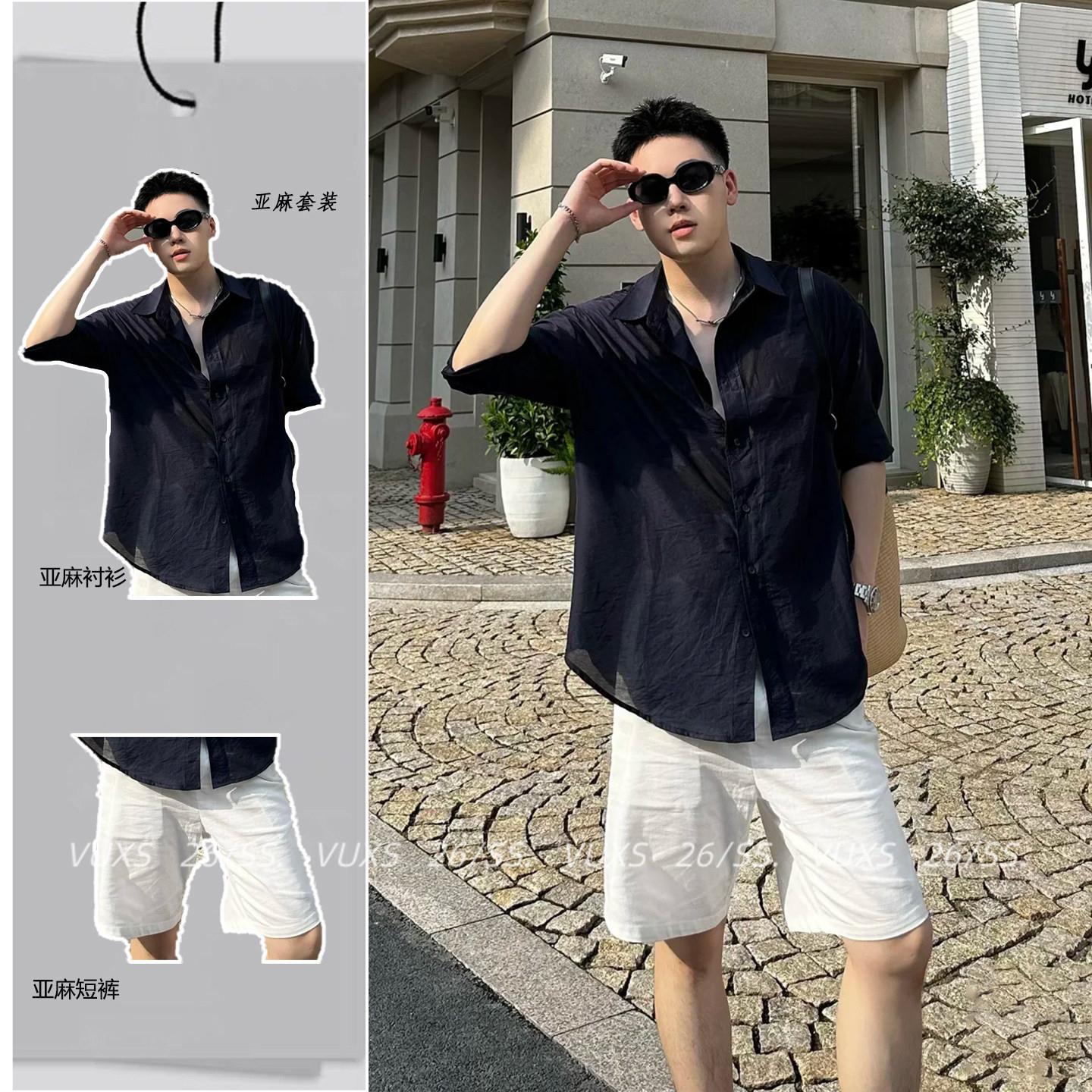 轻奢藏青色轻薄亚麻套装男士2026夏季冰丝衬衫长袖老钱风衬衣短裤