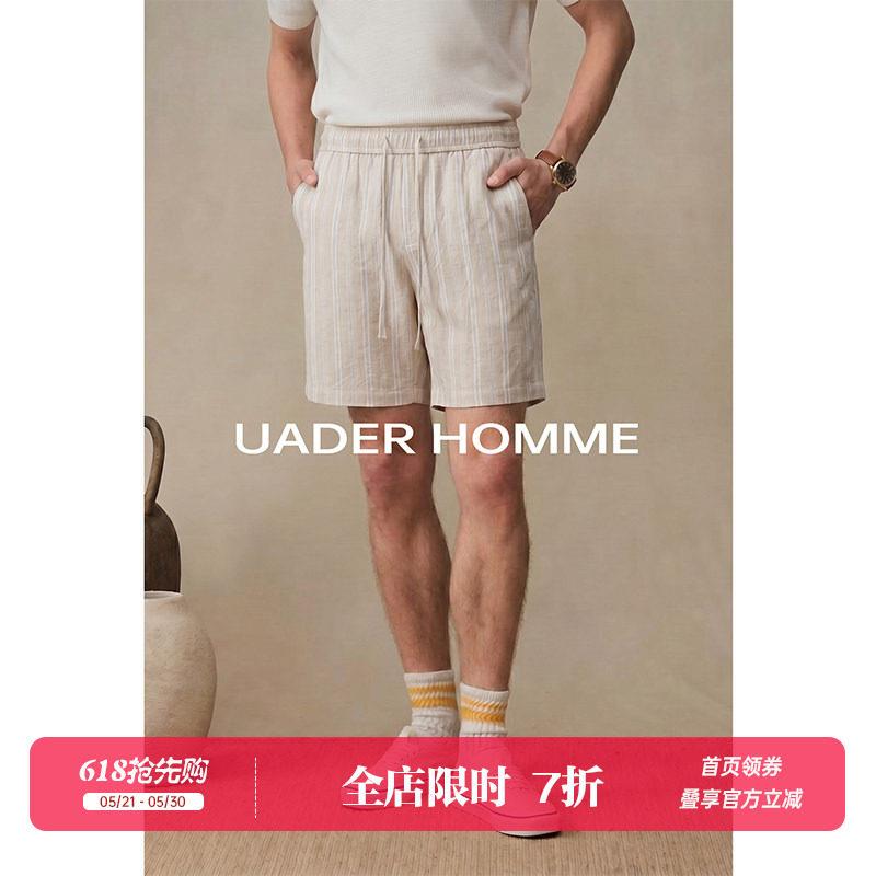 UADER复古老钱条纹短裤男26夏季棉麻混纺亲肤透气百搭休闲五分裤