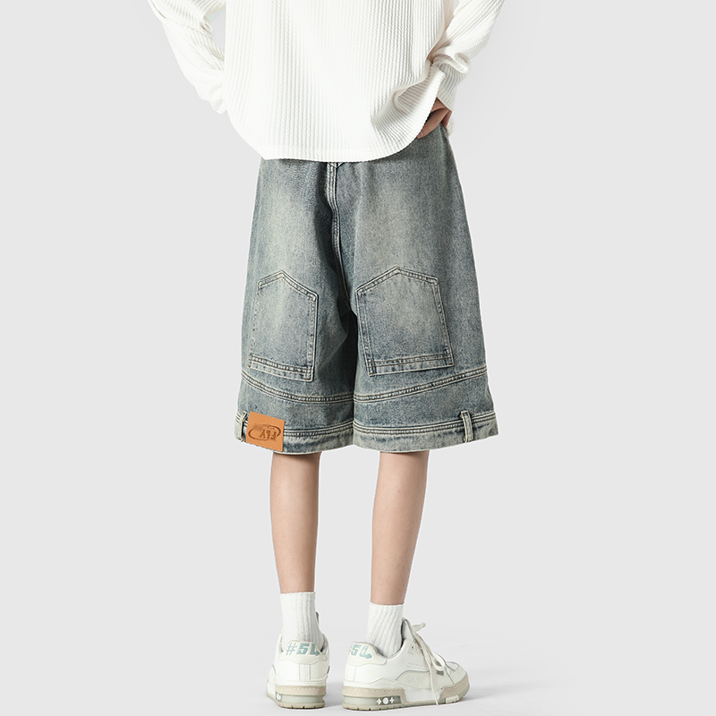 悟空有货美式复古倒装设计感直筒牛仔短裤男潮牌宽松百搭五分裤子