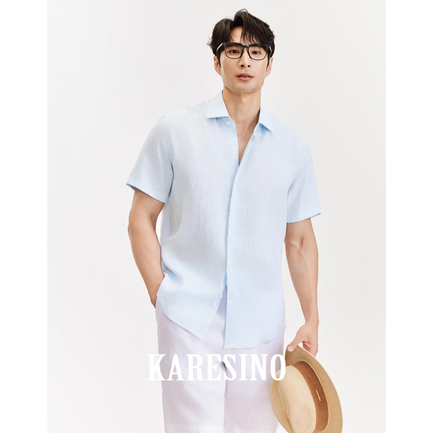 KARESINO高定100%亚麻衬衣休闲极简老钱风男士薄款蓝色衬衫短袖