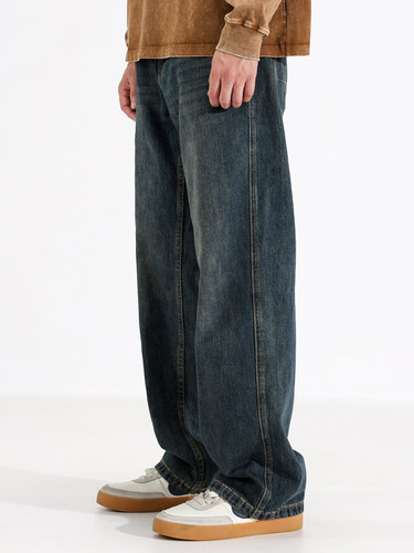 Ceecuz秋冬新款美式复古做旧水洗休闲直筒牛仔裤男宽松阔腿长裤子