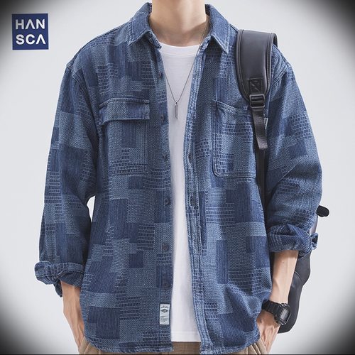hansca工装衬衫男长袖2026年春秋宽松潮牌翻领痞帅牛仔衬衣外套男