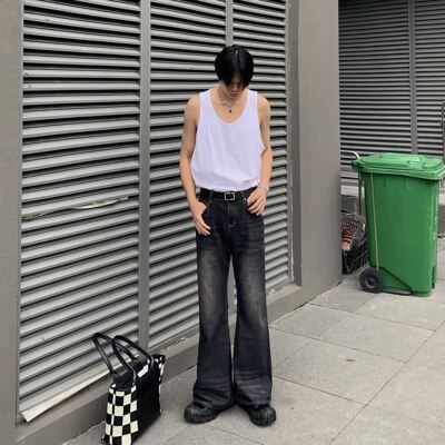 BEANCURD 复古渐变高腰宽松微喇叭裤美式显瘦修腿拖地牛仔裤 男女