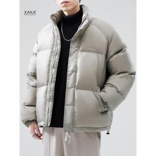 XAKA美式复古立领白鸭绒羽绒服男纯色宽松加厚面包服潮牌情侣外套