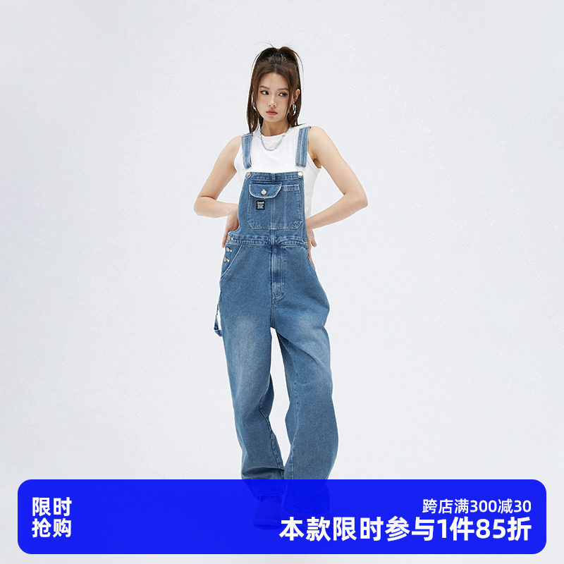 CLAMISGOLD国潮美式复古牛仔背带裤男女情侣潮流嘻哈直筒阔腿长裤