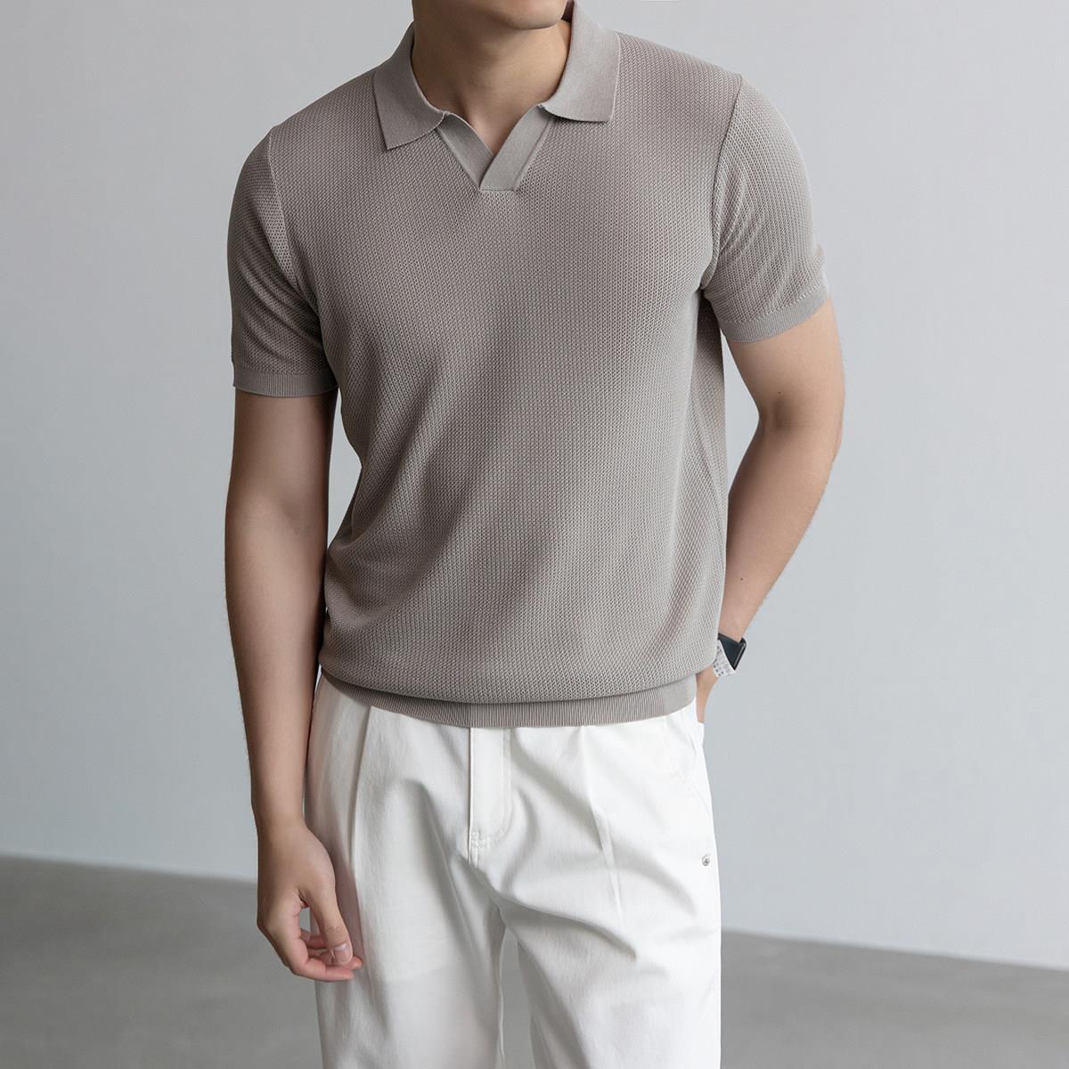 TWENTY FIVE 桑蚕丝混纺V领轻奢POLO衫男夏季休闲时尚质感短袖T恤