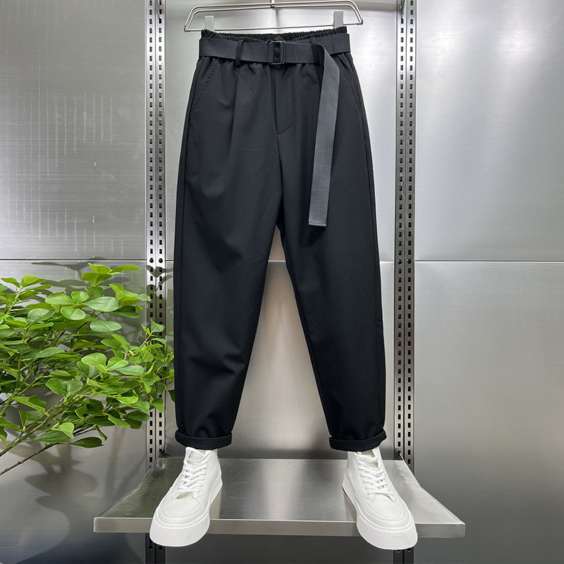 夏季薄款西装裤直筒休闲裤男士纯色宽松九分萝卜裤黑色西裤哈伦裤