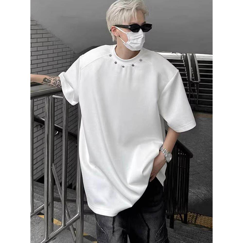 白色纯棉重磅正肩短袖t恤男夏欧美时尚潮牌美式高街小领口7七分袖