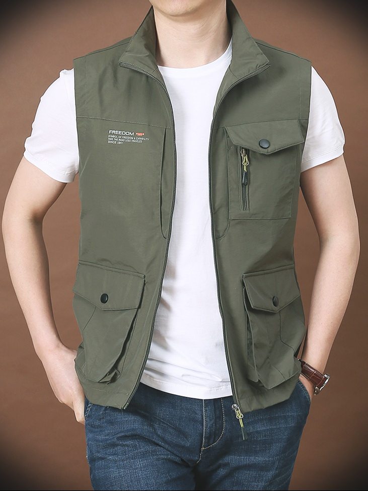 外套男春秋多袋工装大码宽松立领马甲户外运动摄影垂钓速干背心潮