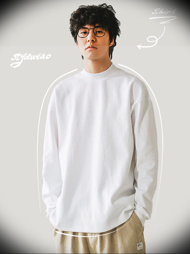 300g阔型纹嘿马七作原创日系男装长袖T恤半高领春季打底衫情侣潮