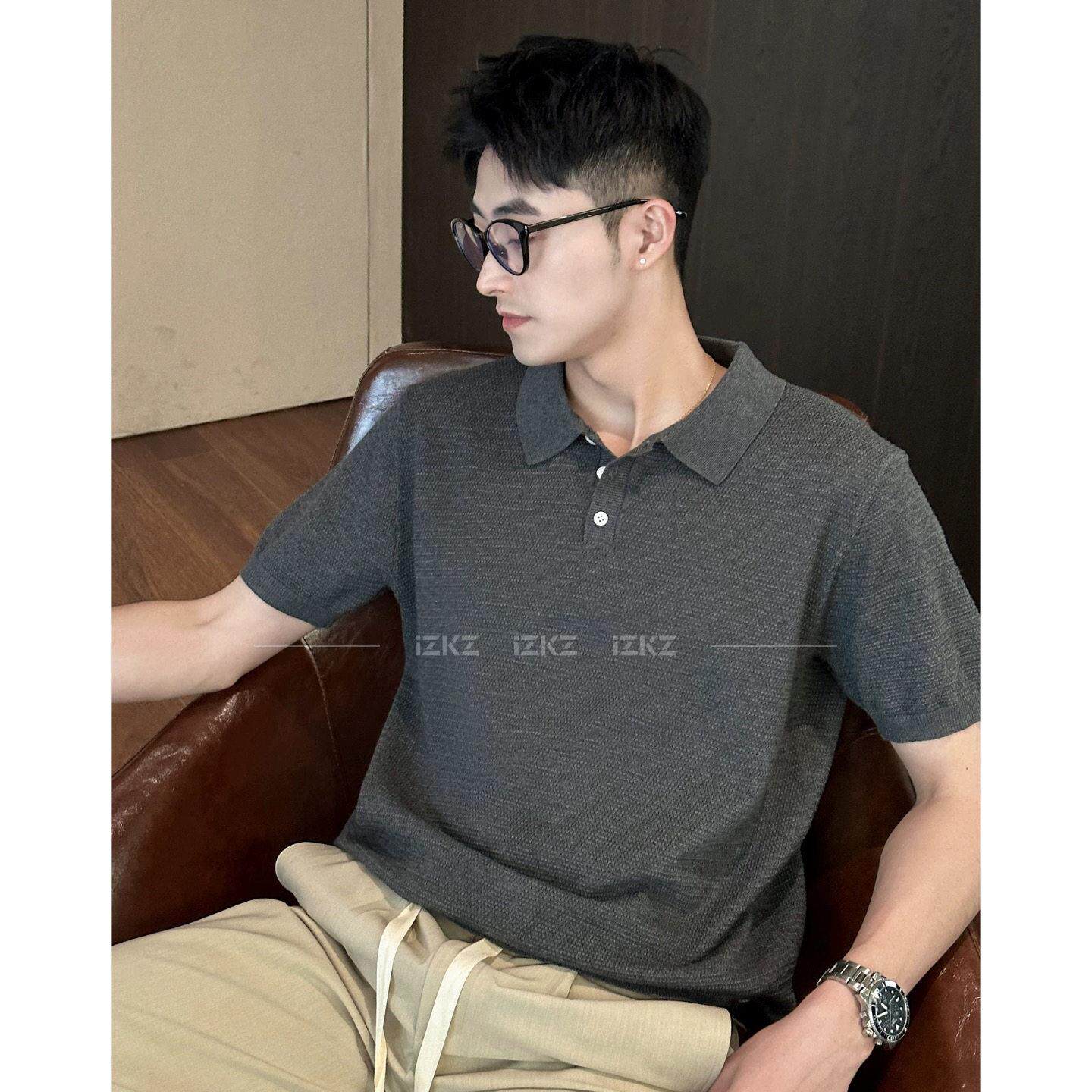 英式老钱新贵混纺棉夏季菠萝纹POLO衫针织短袖男纯色翻领休闲T恤