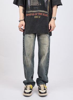 Z POCKET高街美式复古阔腿破洞牛仔裤男款宽松直筒裤子夏季薄款女