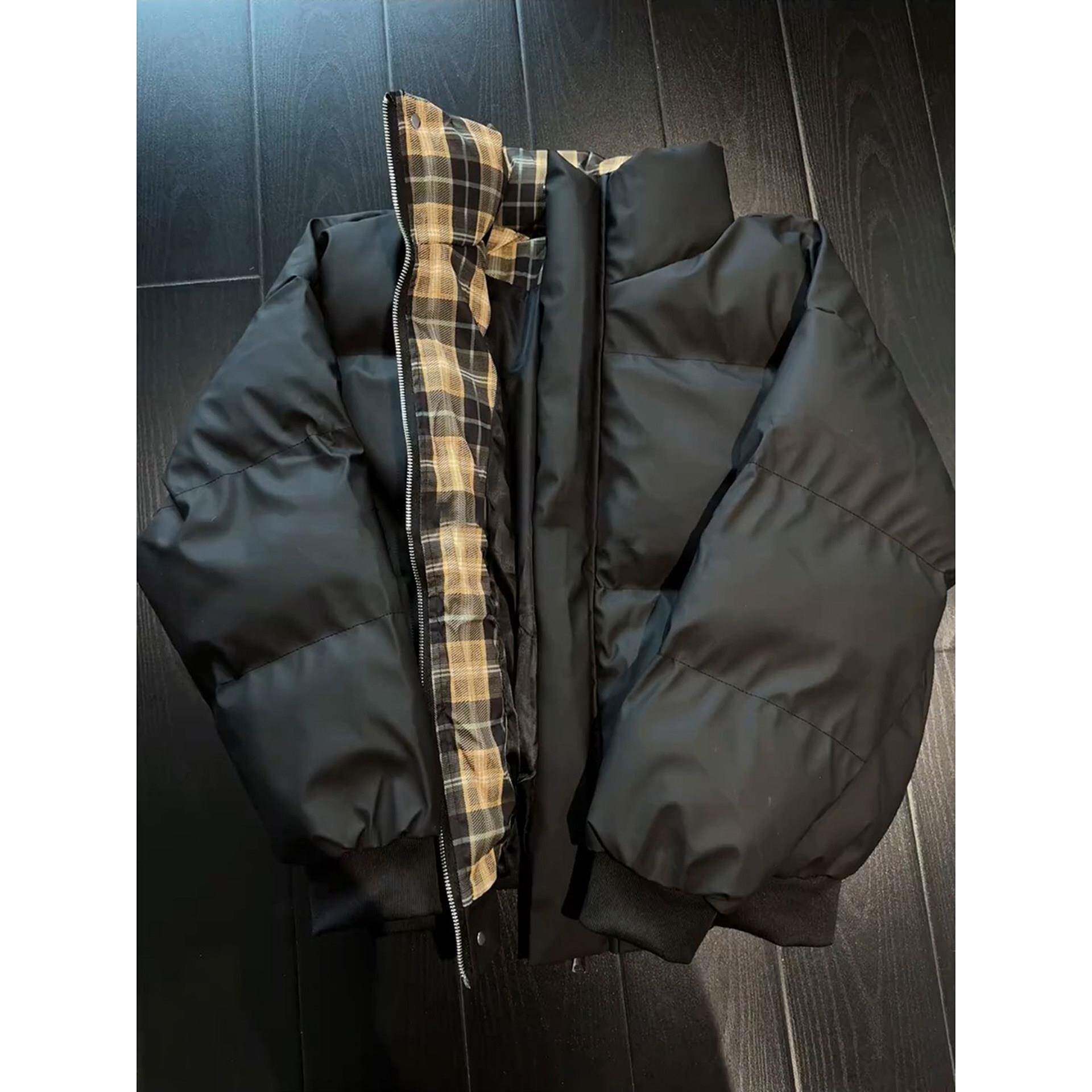 黑色格纹拼接羽绒棉服男款冬季加厚保暖棉衣外套高级感立领面包服