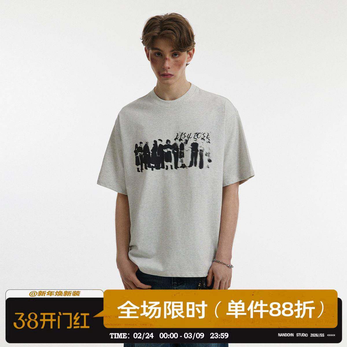男道240G索罗娜美式人像印花短袖T恤男夏宽松潮牌做旧情侣体恤潮