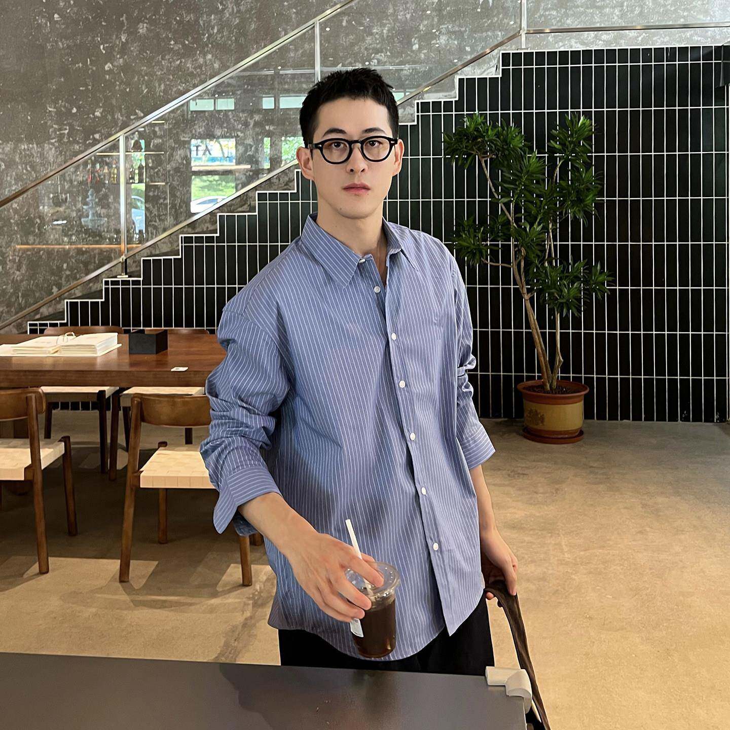 Nick Tian 极简老钱风纯色条纹长袖衬衫男秋冬韩版蓝色衬衣打底衫