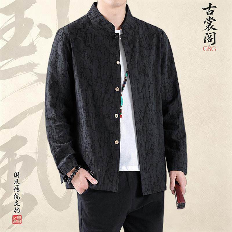 新中式国风提花立装男领长袖衬衫春秋唐季复古禅中C7意男装休闲衬