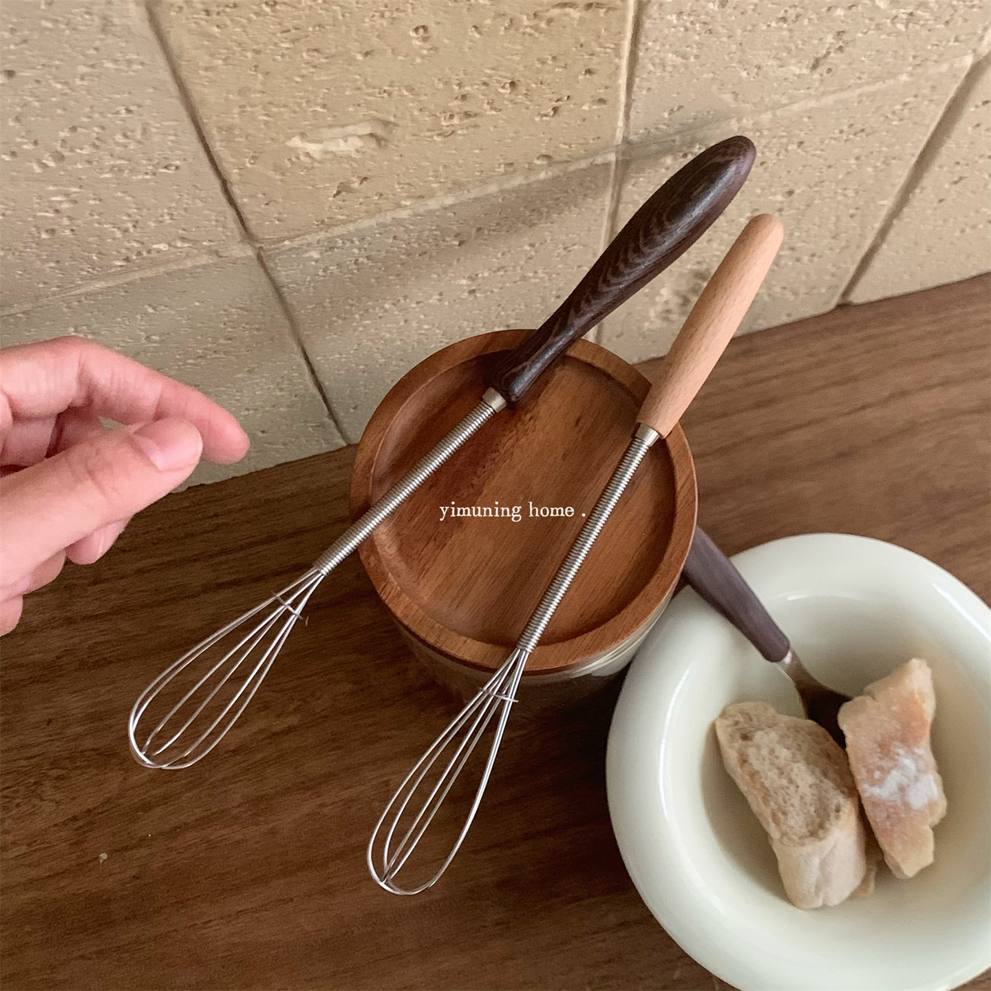 一木柠 韩国ins家用厨房实胡桃木手柄迷你不锈钢打蛋器奶茶搅拌器