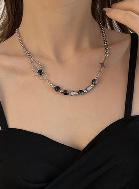 冷淡风蜘蛛拼接冰裂珠锁骨项链女小众设计嘻哈饰品男潮古巴链