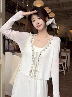 现货【李兰迪代言】茵曼法式外搭镂空薄针织开衫女2026夏长袖短白