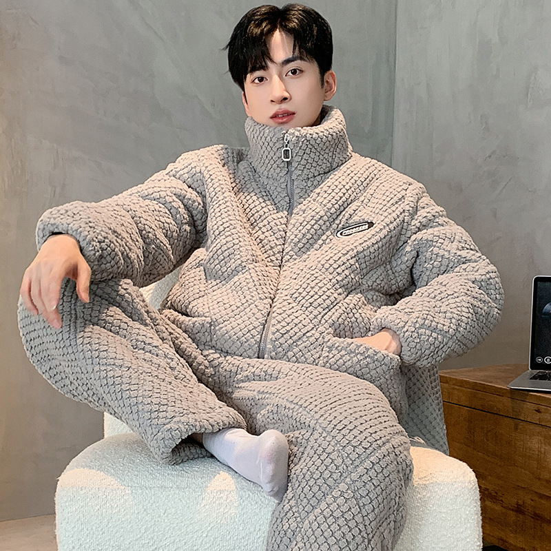 日本品质秋冬珊瑚绒男士三层夹棉保暖休闲睡衣可外穿家居服套装