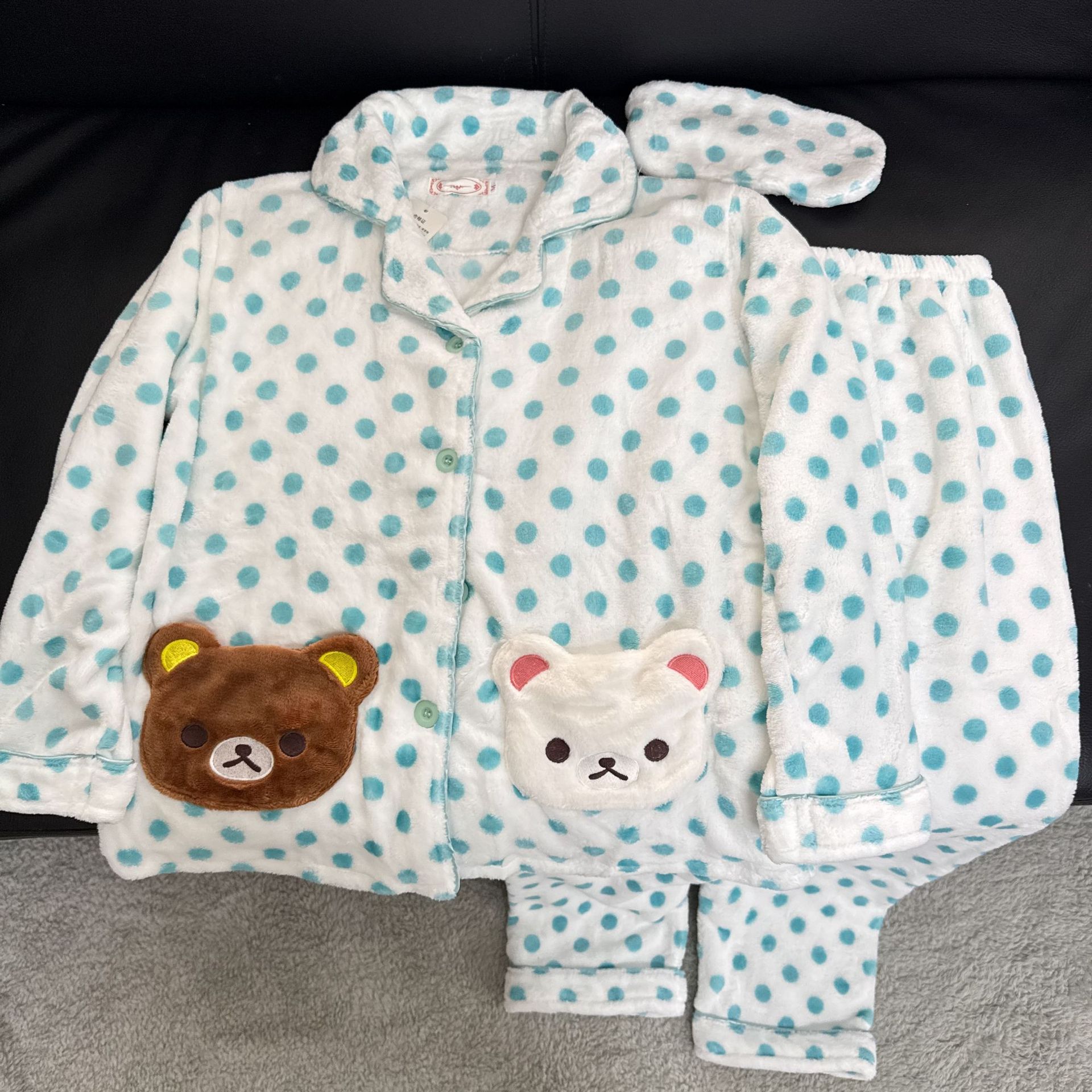 日本品质古早波点轻松熊rilakkuma睡衣秋冬加绒加厚长袖长裤蓝波