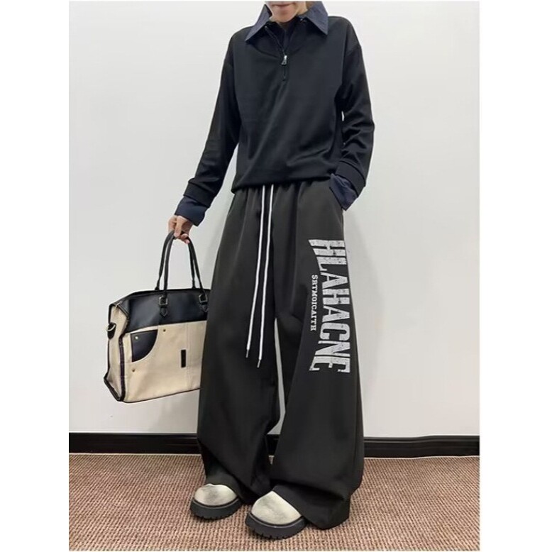 欧洲站加厚美式复古字母印花休闲裤男女2025新款宽松直筒阔腿拖地