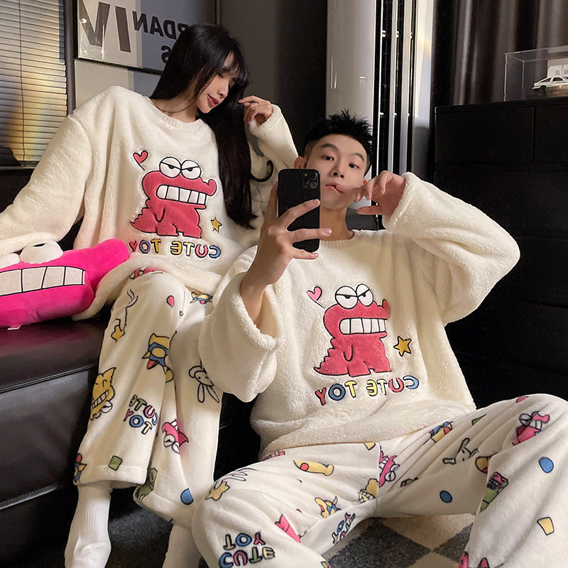 日本品质蜡笔小新情侣睡衣女秋冬季法兰绒加绒加厚卡通可爱男士家