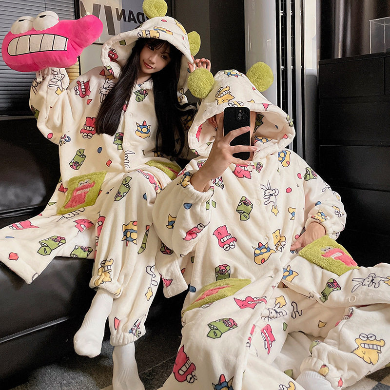 日本品质蜡笔小新情侣睡衣女秋冬季法兰绒加绒加厚卡通可爱男士家