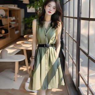 军绿色连衣裙2025夏季 新款 轻奢高级感遮肉显瘦今年流行 裙子女款
