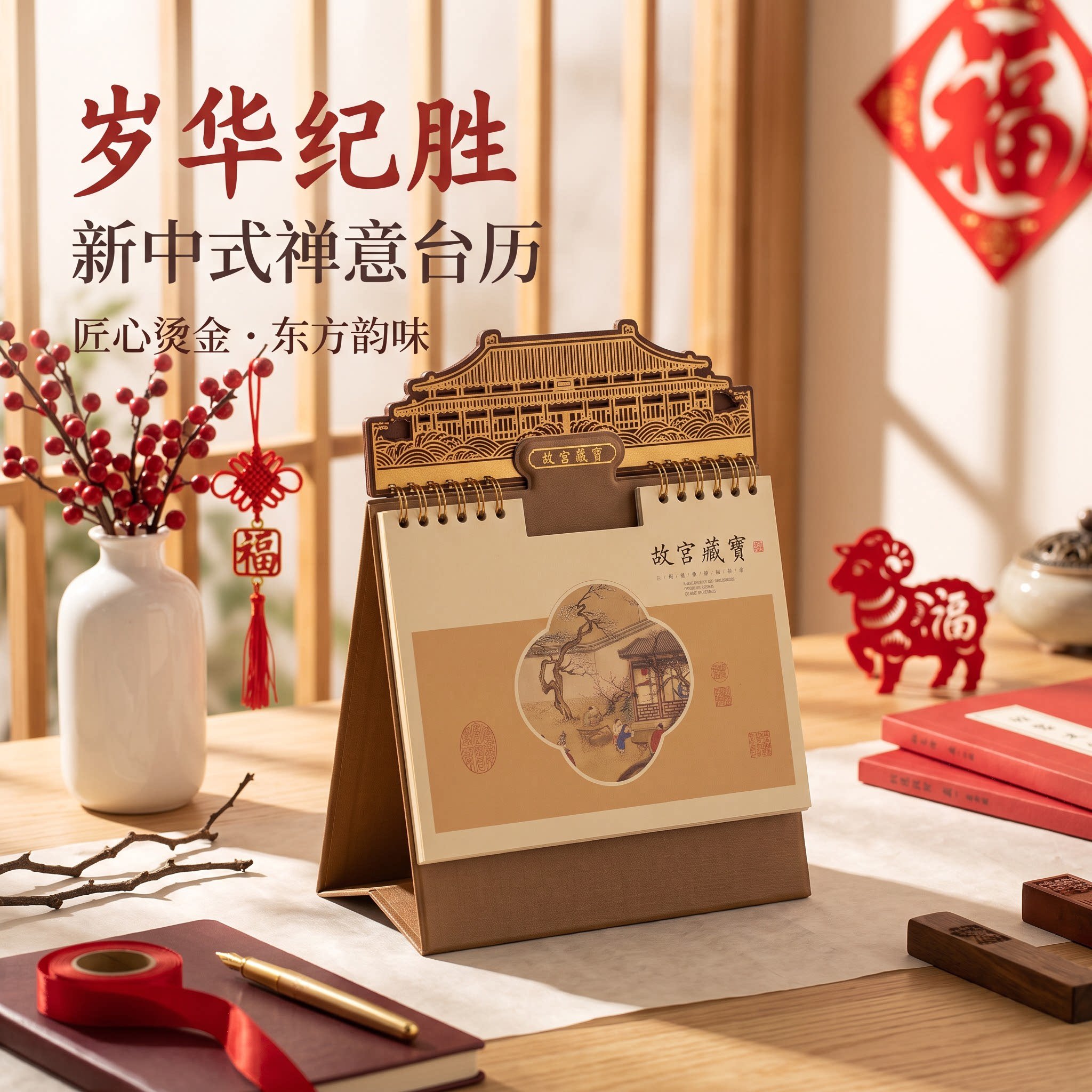 2027年台历创意木刻金饰立体日历实木工艺摆件摆台办公桌书房客厅装饰新年礼物公司企业商务定制原创简约复古
