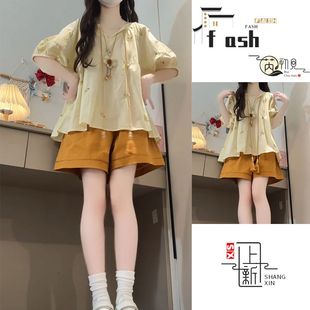 两件套 甜美设计感系带印花短袖 衬衫 上衣女夏季 高腰松紧阔腿短裤
